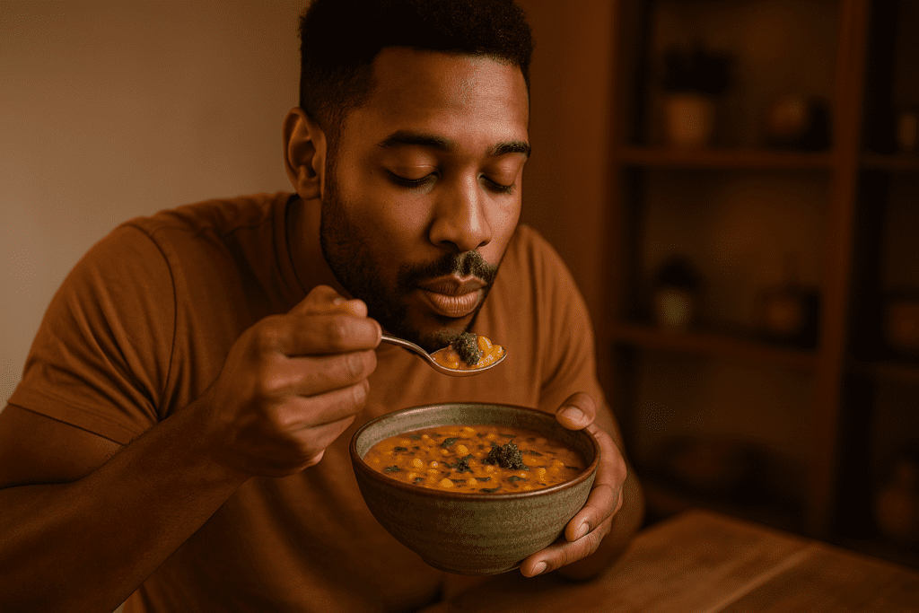 7 Nourishing High Protein Vegan Soup Recipes That Support Plant-Based Health and Recovery 1 A young African-American man in a mustard t-shirt enjoys a steaming bowl of vegan high-protein soup in a warmly lit, cozy kitchen. The ambient lighting highlights ingredients like broccoli and chickpeas, reinforcing the theme of plant-based recovery in a homey, health-conscious setting.