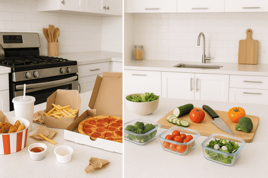 Fresh vegetables, grilled chicken, and brown rice neatly portioned into containers for simple meal preparation at home.