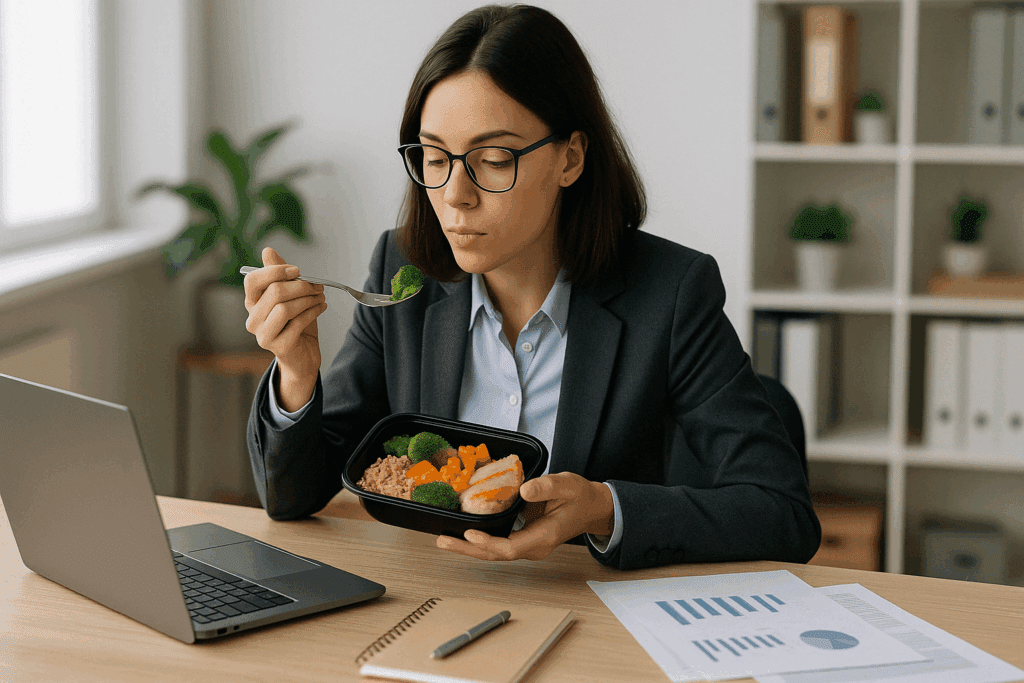 Busy professional enjoying ready meals at a work desk with a laptop and healthy lunch container