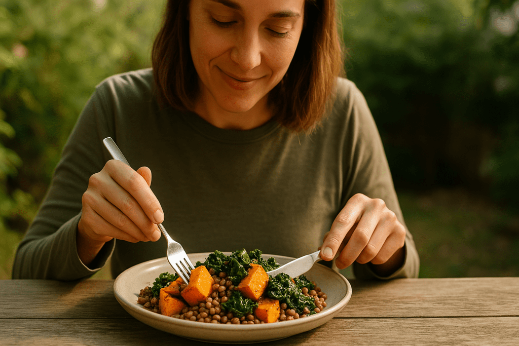 Hearty Vegetarian Entrees That Nourish: Expert-Backed Recipes for Delicious, Healthy Plant-Based Meals 1 A high-resolution photograph showcases a woman with light skin sitting alone at a rustic outdoor table, enjoying a hearty vegetarian meal of roasted sweet potatoes, kale, and lentils. Set in a lush, green natural environment and illuminated by soft natural morning light, the image evokes a serene, healthy lifestyle centered on nourishing plant-based eating.