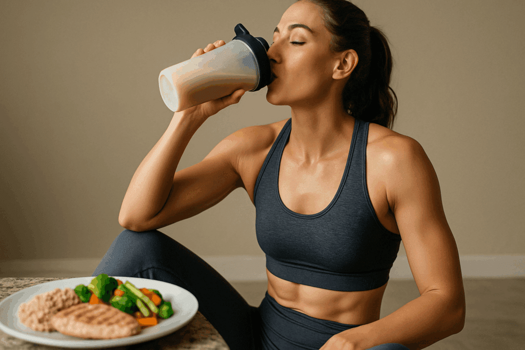 Fueling Strength the Smart Way: A Nutrition Plan for Strength Training That Supports Muscle, Metabolism, and Women’s Wellness 1 Woman drinking a protein shake post-workout next to a nutrient-packed meal, following a nutrition plan for strength training.