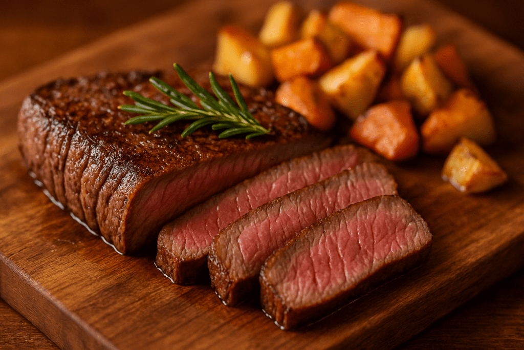 Healthiest Meats to Eat: Dietitian-Approved Choices That Support Weight Loss and Heart Health 1 “Top view of cooked lean beef, turkey breast, and salmon fillets on a platter labeled as the healthiest meats to eat”