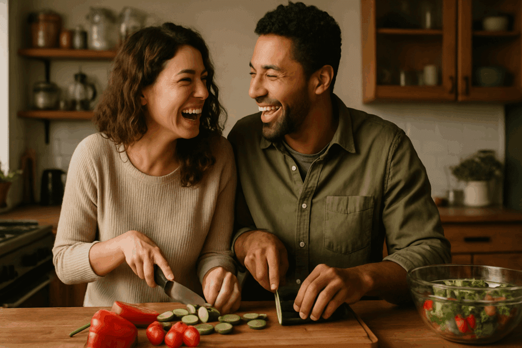 Couple organizing pre-portioned healthy meals in reusable containers during weekend meal prep for two people.