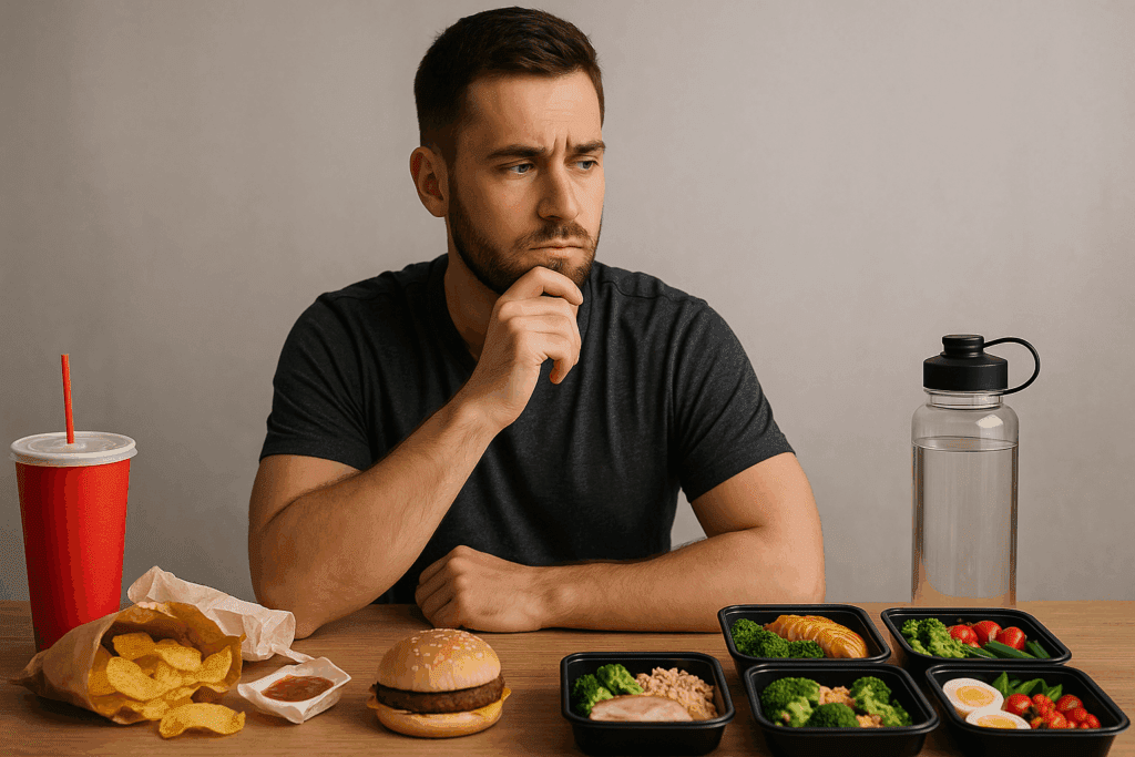 Man organizing healthy meals in containers with chicken, quinoa, and vegetables for efficient meal prep for men.