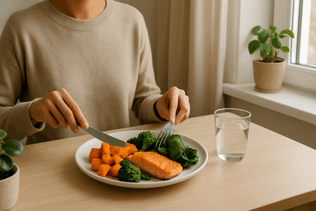 Healthy kitchen setup with neatly organized containers of fresh ingredients for meal planning for one, including greens, grains, and proteins on a wood counter.
