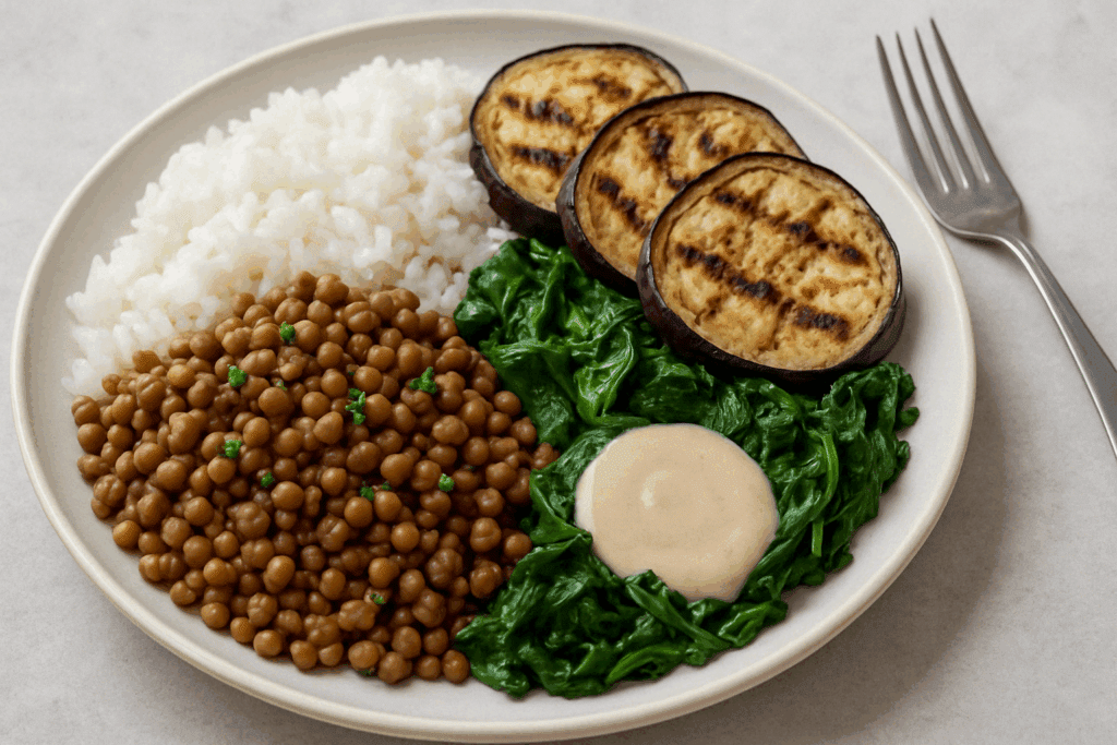 Fresh Mediterranean ingredients including white rice, lentils, olive oil, and leafy greens, supporting the idea: can you eat white rice on the Mediterranean diet

