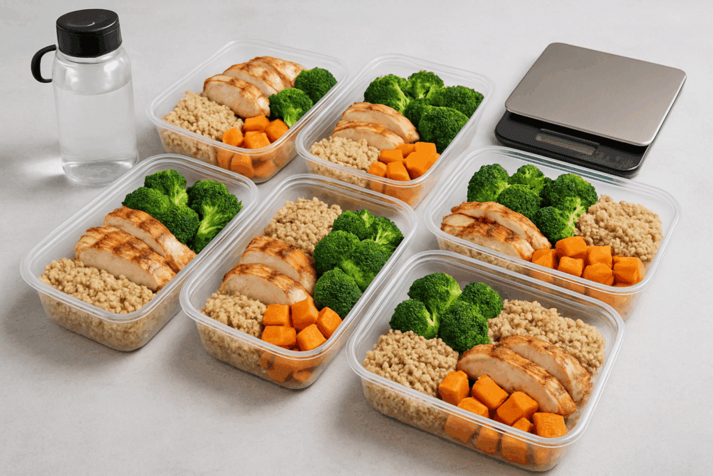 Grilled salmon, quinoa, and steamed broccoli arranged on a dinner plate, illustrating a balanced meal for eating for a lean body.