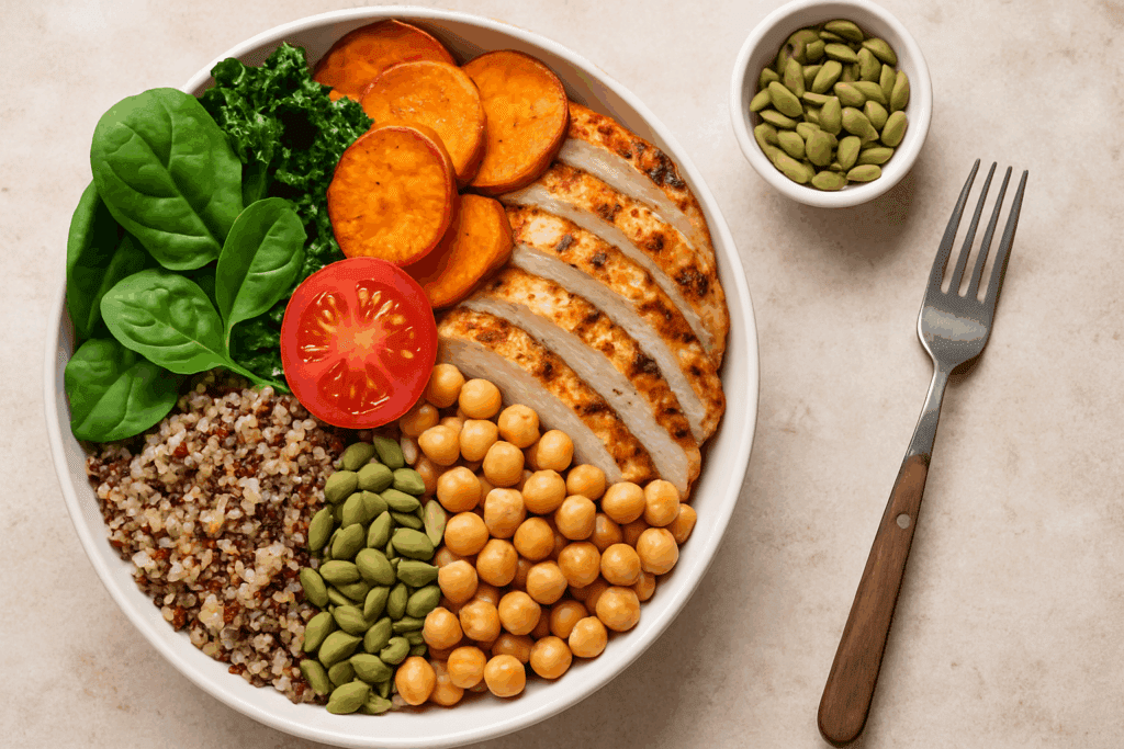 Balanced meal of lean protein, leafy greens, and legumes illustrating how to lose weight fast with whole-food, nutrient-rich eating