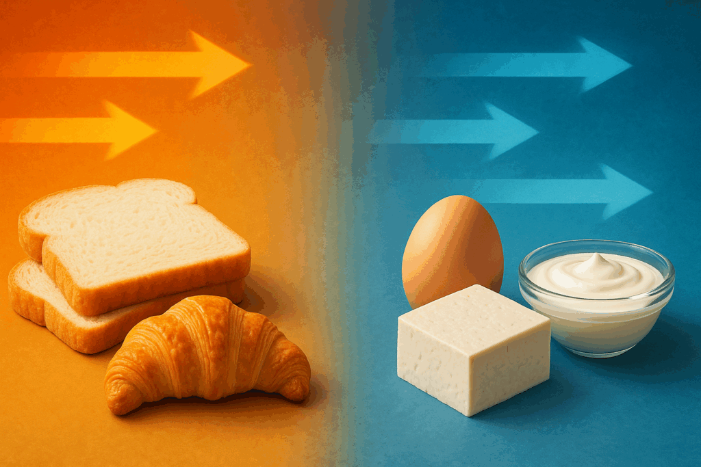 Healthy high protein make ahead breakfast with eggs, avocado toast, and Greek yogurt arranged on a clean white table.