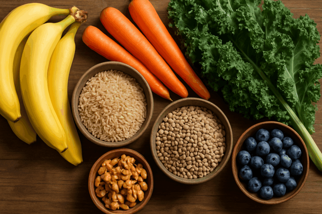 Colorful variety of whole food snacks on the go, including fresh fruit, nuts, and hummus in eco-friendly containers.