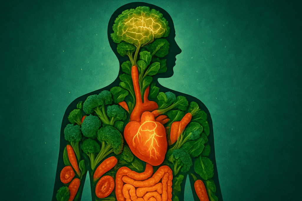 Human silhouette overlaid with kale, broccoli, and carrots, symbolizing what are the vegetables that support full-body wellness and nutrient absorption