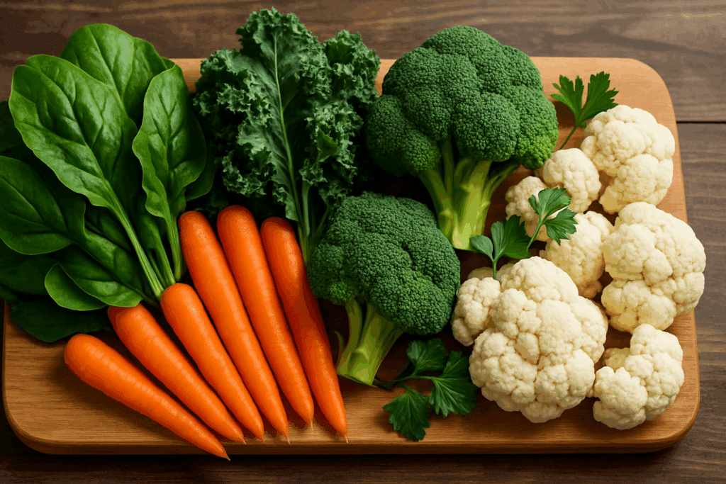 Fresh vegetables and herbs being chopped on a rustic kitchen counter for how to make the best vegetable soup