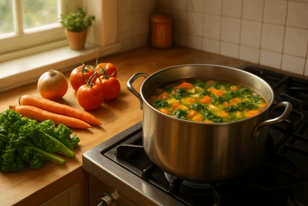 Warm Up Your Wellness Journey: 21 Hearty Vegan Soup Recipes for a Healthy, Plant-Based Lifestyle 1 Steaming bowl filled with root vegetables, beans, and greens, illustrating hearty vegan soup recipes for a nourishing plant-based meal.