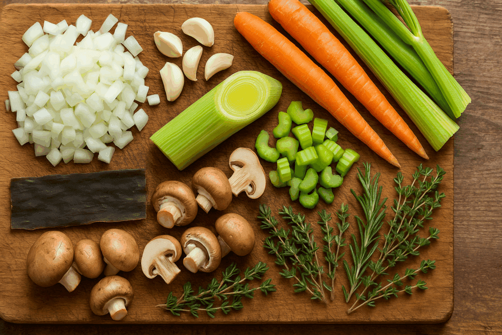 How to Create a Flavorful Vegan Soup Base: Easy Recipes for Healthier, Plant-Based Meals 1 Fresh vegetables and herbs including onions, carrots, celery, and mushrooms arranged for creating a flavorful vegan soup base.