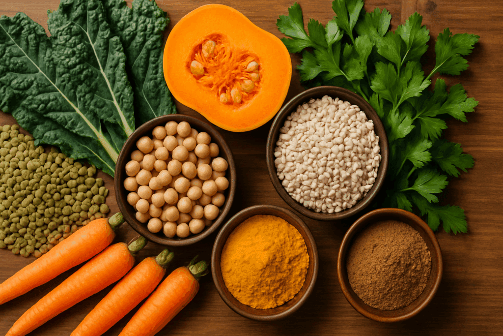 Warm and Wholesome: The Best Plant-Based Soups and Stews for Flavor, Fullness, and Weight Loss Support 1 Warm, hearty plant-based soups and stews filled with lentils, leafy greens, and colorful vegetables served in rustic bowls on a wooden table.