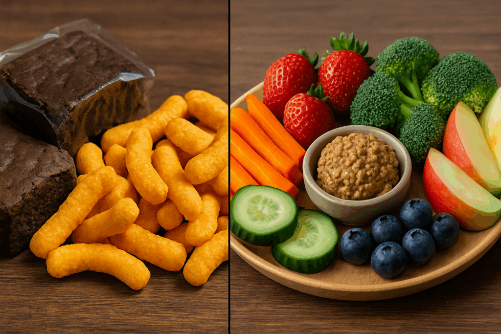 Smart Snacking on a Plant-Based Diet: Best Whole Food Plant Based Snacks Backed by Nutrition Science 1 Vibrant selection of the best whole food plant based snacks including apples, almonds, chia seeds, and lentils on a rustic wooden table