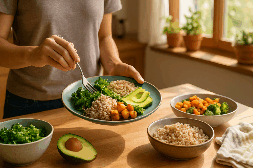 Smart & Satisfying: Plant-Based Lunch Ideas for Weight Loss Backed by Nutrition Science 1 Fresh Plant-Based Lunch Ideas for Weight Loss featuring quinoa bowls, colorful salads, legumes, and roasted vegetables on a wooden table