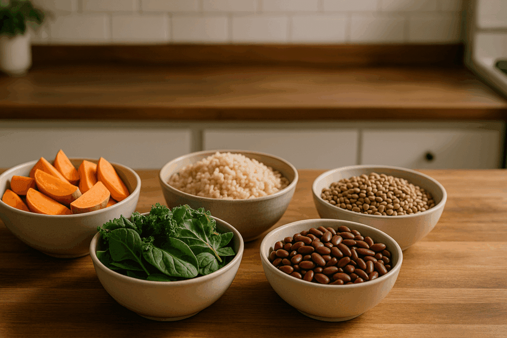 How a Low Fat Vegan Diet Supports Heart Health and Weight Loss, Backed by Science 1 Vibrant assortment of fruits, vegetables, and grains on a table promoting a low fat vegan diet for heart health and weight management."