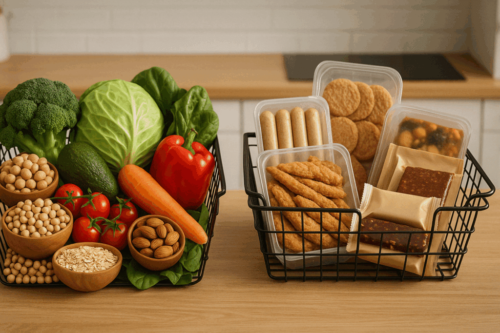 Colorful plant-based meal spread with vegetables, legumes, and grains showing Plant-Based Diet Pros and Cons visually