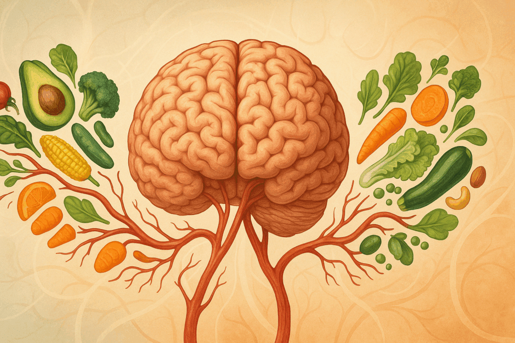 How Does Diet Affect Focus? Exploring the Best Brain Foods for Improved Concentration and Mental Clarity 1 Brain made of healthy foods like berries, seeds, and greens glowing with energy to represent how does diet affect focus.