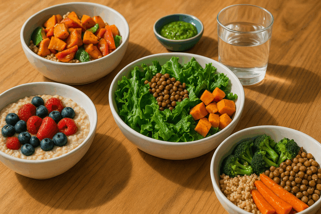 What I Ate Every Day to Lose Weight: A Whole-Food, Plant-Based Approach Backed by Science 1 "Overhead view of a week’s worth of vegan meal prep containers showing What I Ate Every Day to Lose Weight."