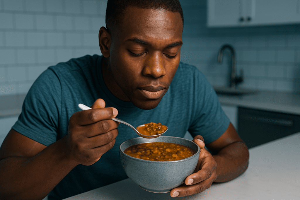 Simple Lentil Soup Recipe for Whole-Body Wellness: A Nourishing, One-Pot Vegan Meal Packed with Plant-Based Power 1 A digital photograph showcases a young African American man enjoying a bowl of lentil soup in a sleek, modern kitchen under cool clinical lighting. The clean environment and calm expression on his face reflect the simplicity and rejuvenating benefits of a wholesome, plant-based vegan meal.