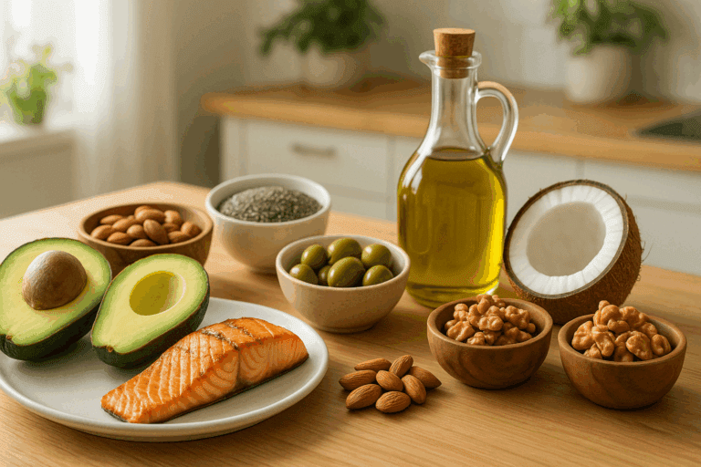 Colorful spread of whole foods including avocados, nuts, seeds, and olive oil arranged as part of a high fat diet menu on a wooden kitchen table.