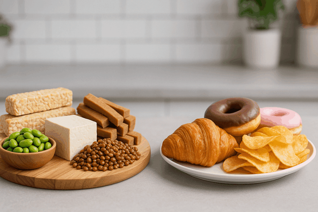 Best Low Calorie High Protein Foods for Weight Loss: What to Eat for Fullness and Results 1 High protein plant foods like tempeh and lentils compared with processed snacks to show best low calorie high protein foods for weight loss