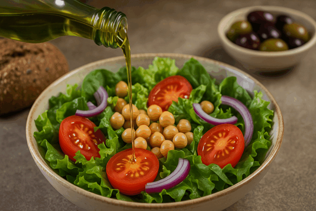 Fresh salad with tomatoes, chickpeas, and greens drizzled with extra virgin olive oil, representing the Mediterranean diet with olive oil.