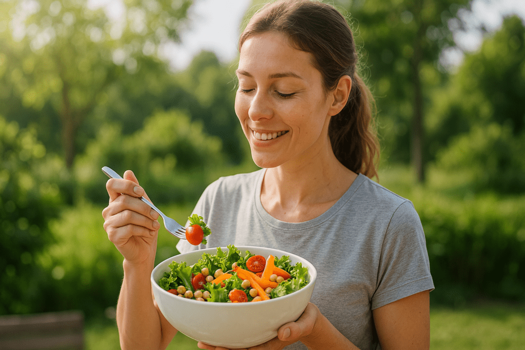 A young Caucasian woman with light skin enjoys a vibrant, fresh vegan salad in a lush backyard garden under soft natural morning light. Surrounded by greenery and bathed in warm sunlight, she embodies the ease and vitality of healthy plant-based living, illustrating the benefits of simple vegan recipes for improved energy and wellness.