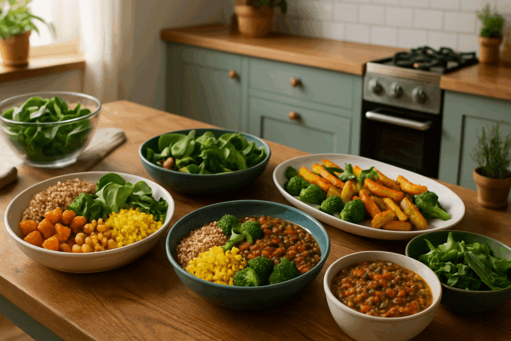 Smart and Satisfying: Easy Healthy Meals for Weight Loss That Make Dinner Delicious and Nutritious 1 Colorful plant-based dinner table with bowls of grains, vegetables, and lentils for easy healthy meals for weight loss