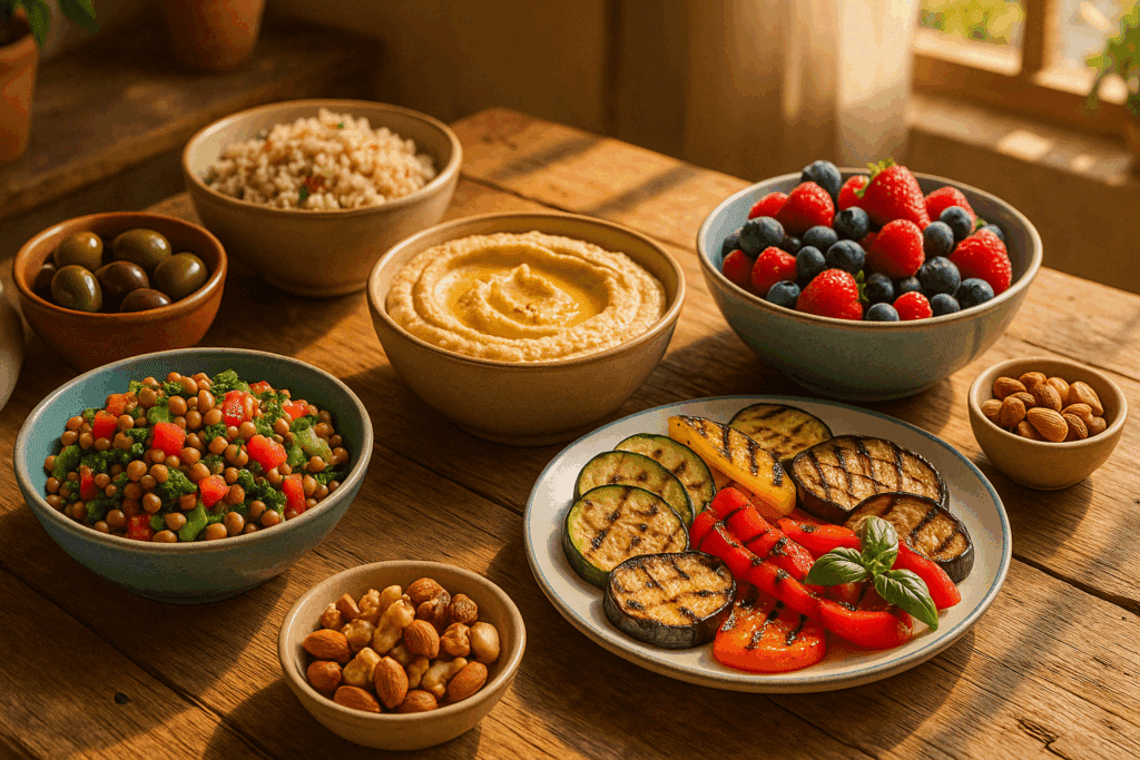 How a Low Glycemic Mediterranean Diet May Help Reduce Insulin Resistance: What the Science Says 1 Colorful Mediterranean meal with legumes, grains, and vegetables showcasing a low glycemic Mediterranean diet.