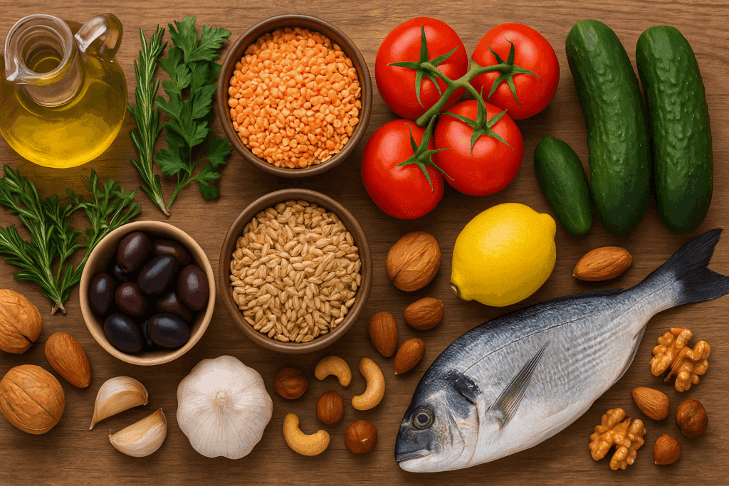 Colorful table spread with grilled fish, hummus, olives, vegetables, and whole grains showcasing healthy Mediterranean meal ideas