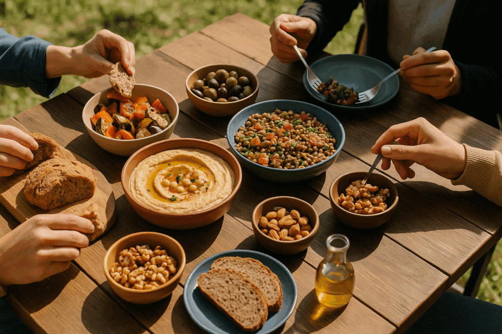 What Is the Mediterranean Ritual for Weight Loss? A Science-Backed Look at the Mediterranean Ritual Diet Plan and Medi Eats Diet Reviews 1 Fresh Mediterranean foods on a seaside table with olive oil, vegetables, and bread, representing what is the Mediterranean ritual for weight loss