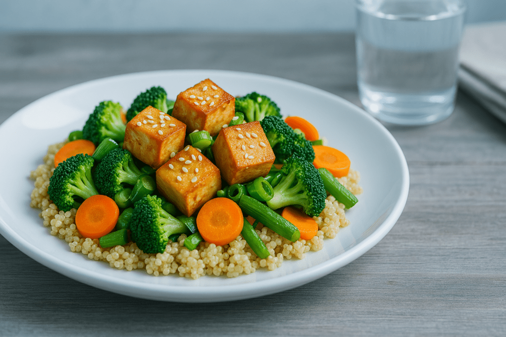 10 Delicious Low Calorie Vegan Dinner Recipes Backed by Nutrition Experts 1 A tofu stir-fry featuring crispy tofu, quinoa, and colorful vegetables is served on a white plate atop a wooden table under cool, clinical lighting. The clean composition and sharp focus highlight the meal’s healthy ingredients, ideal for showcasing low-calorie vegan dinner ideas.