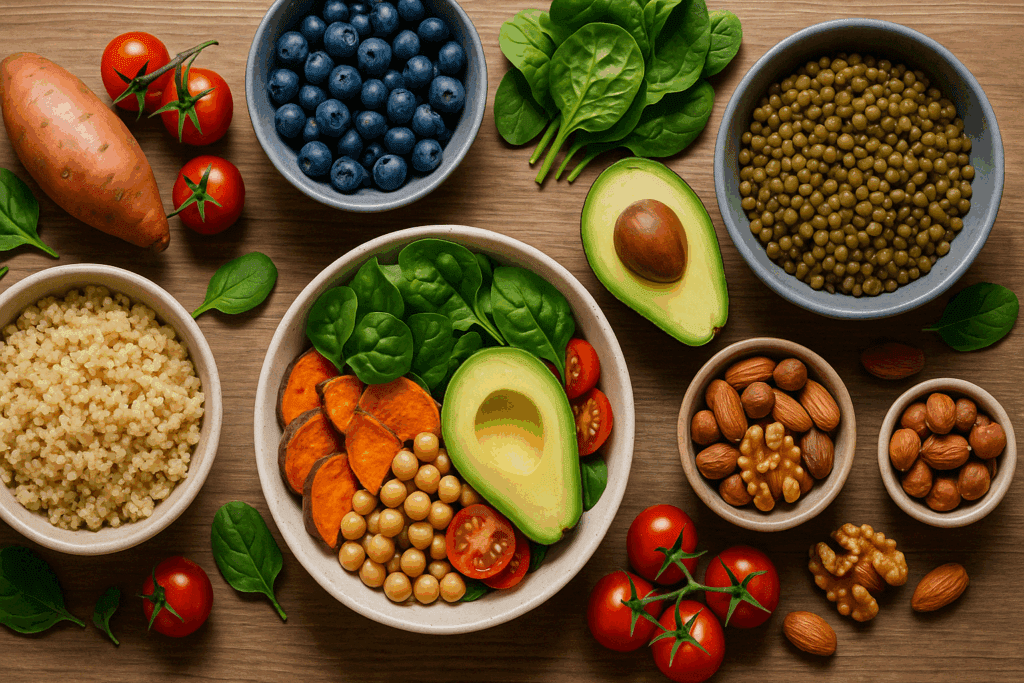 Wholesome plant-based meal with colorful vegetables, grains, and legumes highlighting health-focused side of vegetarian diet pros and cons