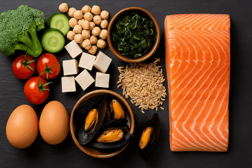 Is the Pescatarian Diet Healthy? Benefits, Risks, and What Pescatarians Actually Eat 1 Assorted whole foods in a pescatarian diet, including salmon, tofu, legumes, seaweed, and vegetables on a slate background