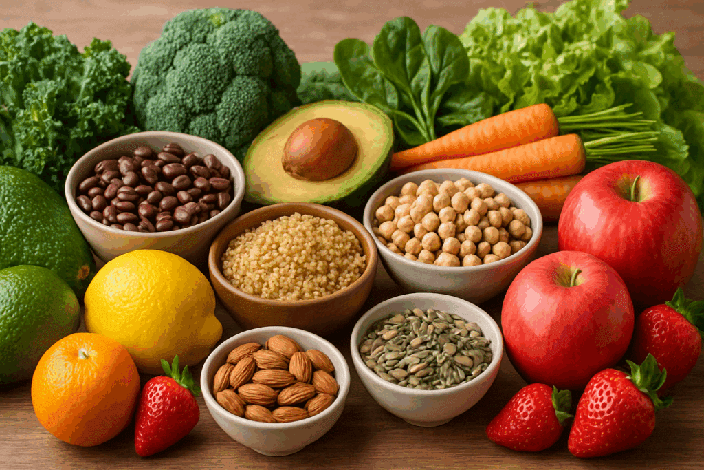 What Real People Reveal About Their Health: Whole Food Plant Based Diet Before and After Transformations Backed by Science 1 Colorful spread of fruits, vegetables, legumes, and grains highlighting core foods in a whole food plant based diet before and after transformation