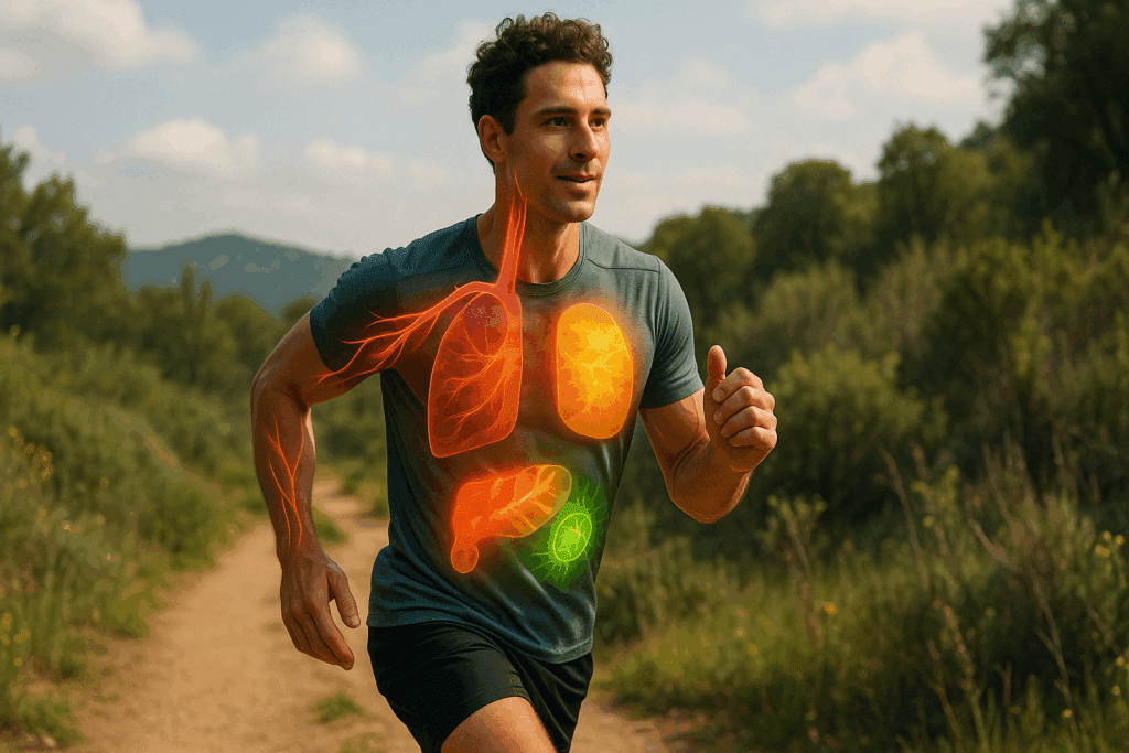 Vegan Athlete Diet Meal Plan for Peak Performance and Recovery 1 Athlete running outdoors with visual representation of improved blood flow and recovery from a vegan athlete diet meal plan.