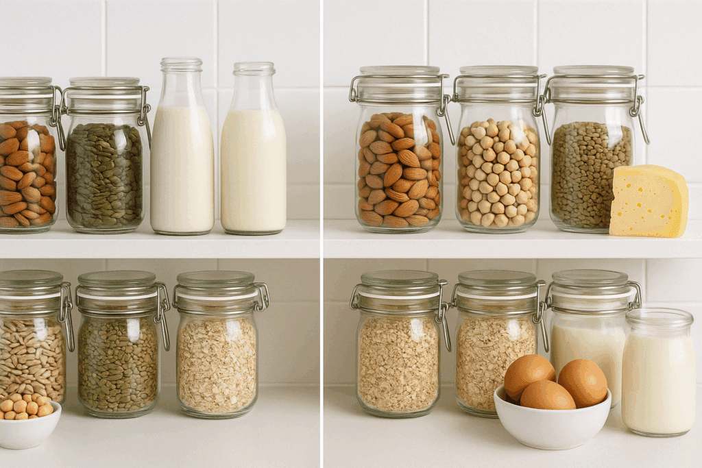 Side-by-side pantry comparison highlighting vegan vs vegetarian staples like nuts, legumes, dairy, and eggs