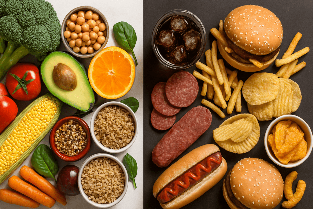 Plant Based Diet vs Standard American Diet: What the Latest Studies Reveal About Long-Term Health Outcomes 1 Top-down view of nutritious plant-based bowl beside a Standard American Diet meal for comparing plant based diet vs Standard American Diet