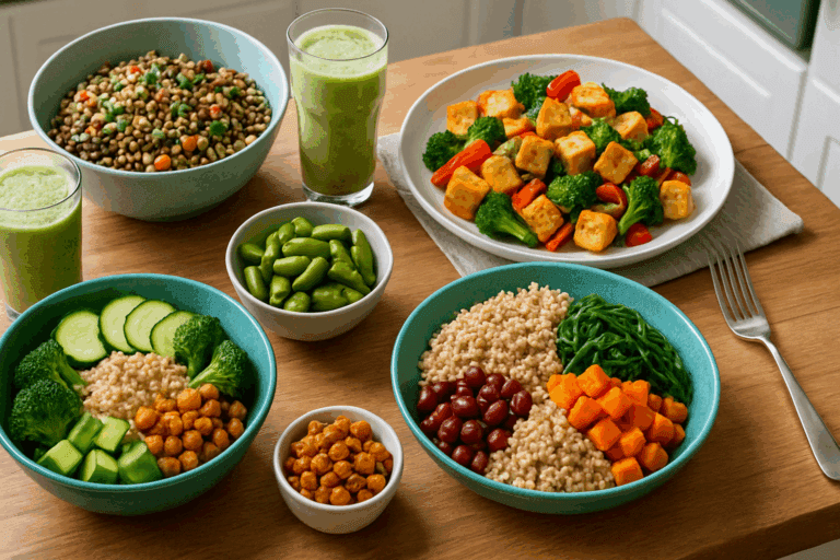 Colorful plant-based meal spread with tofu, lentils, quinoa, and edamame showcasing a high protein vegetarian diet for weight loss