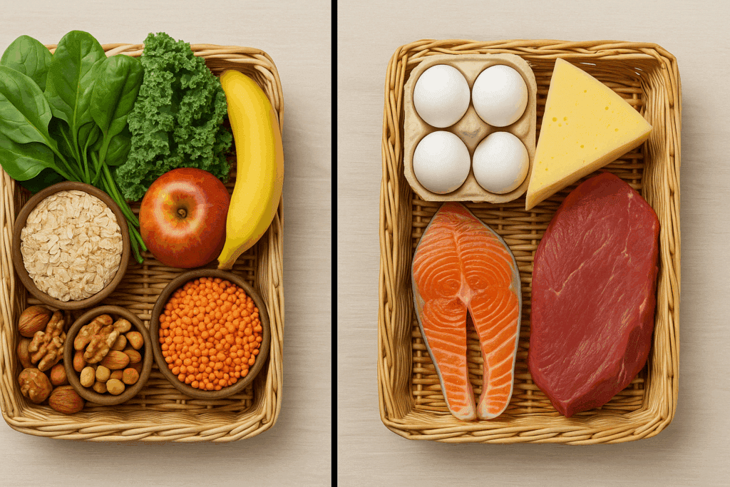 Grocery baskets filled with ingredients highlighting the nutritional contrast between vegetarian vs non vegetarian diets.