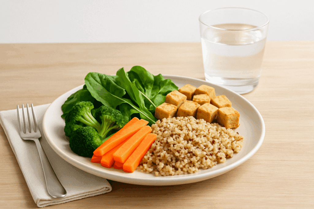 "Meal prep for weight loss featuring healthy, colorful lunch containers with plant-based proteins, fiber-rich vegetables, and whole grains arranged on a kitchen counter."