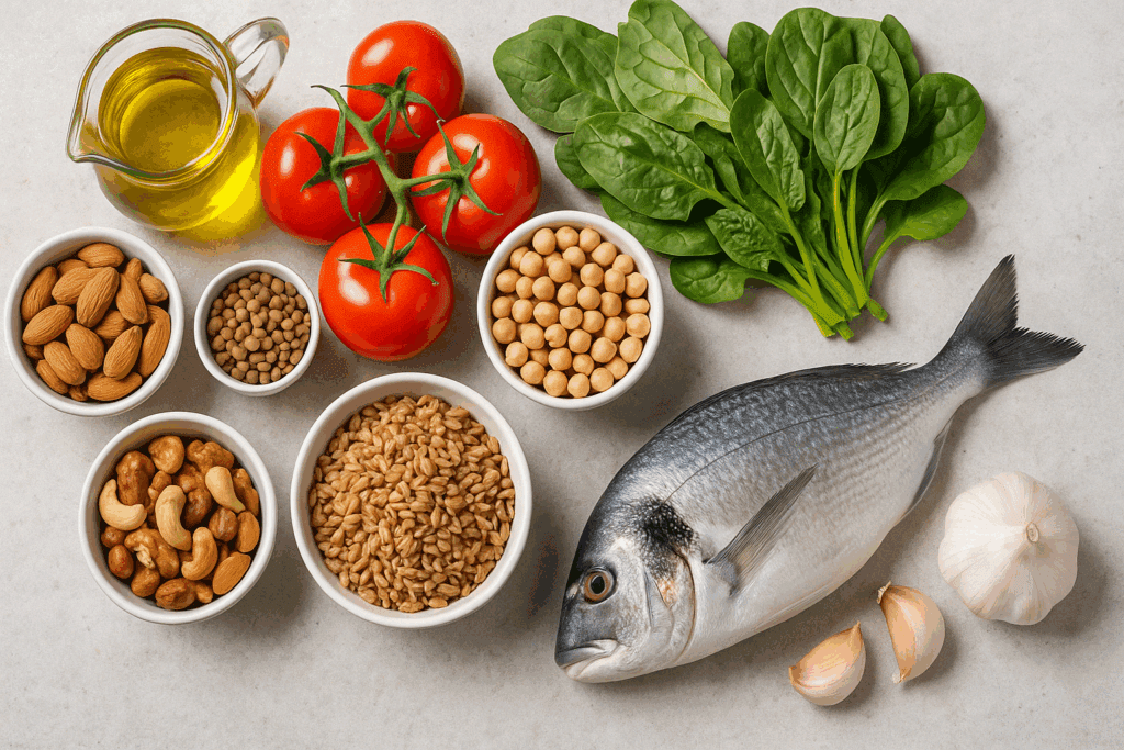 Fresh ingredients used in the best Mediterranean prepared meal delivery, including tomatoes, olive oil, and leafy greens.