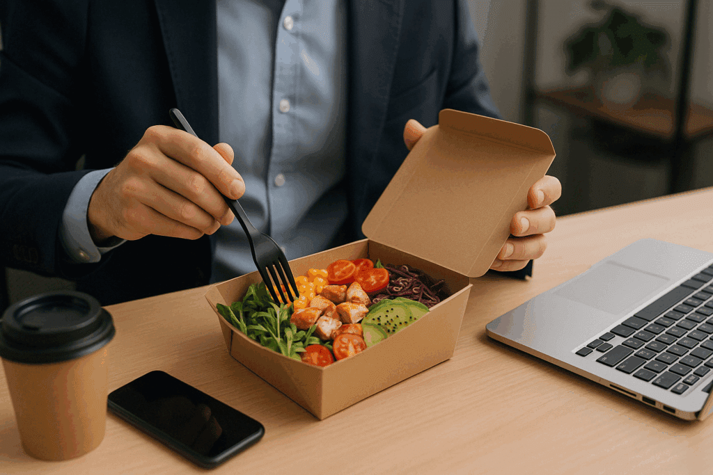 Busy professional enjoying a healthy salad meal delivery at a work desk with eco-friendly packaging and a laptop nearby
