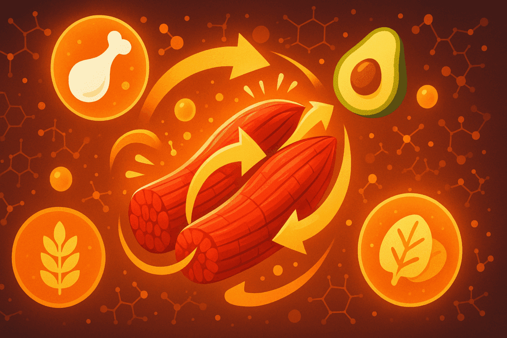 Visual concept of nutrients fueling muscle recovery, illustrating science behind bulking meal prep recipes