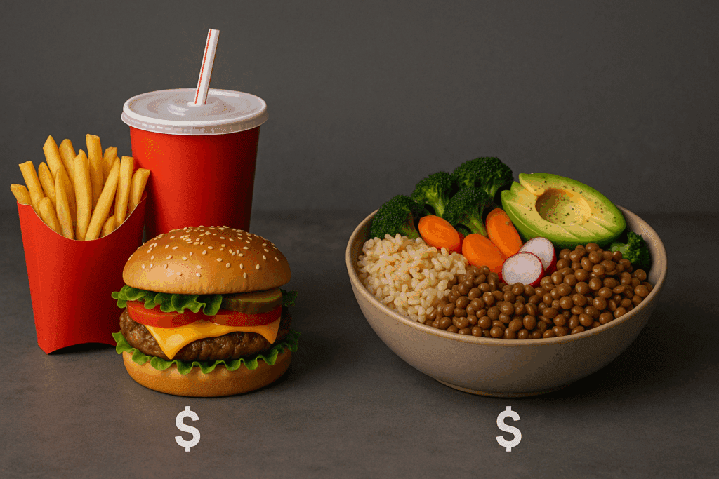 Side-by-side meals comparing a fast-food burger and a nutritious bowl made with ingredients for healthy inexpensive meal prep