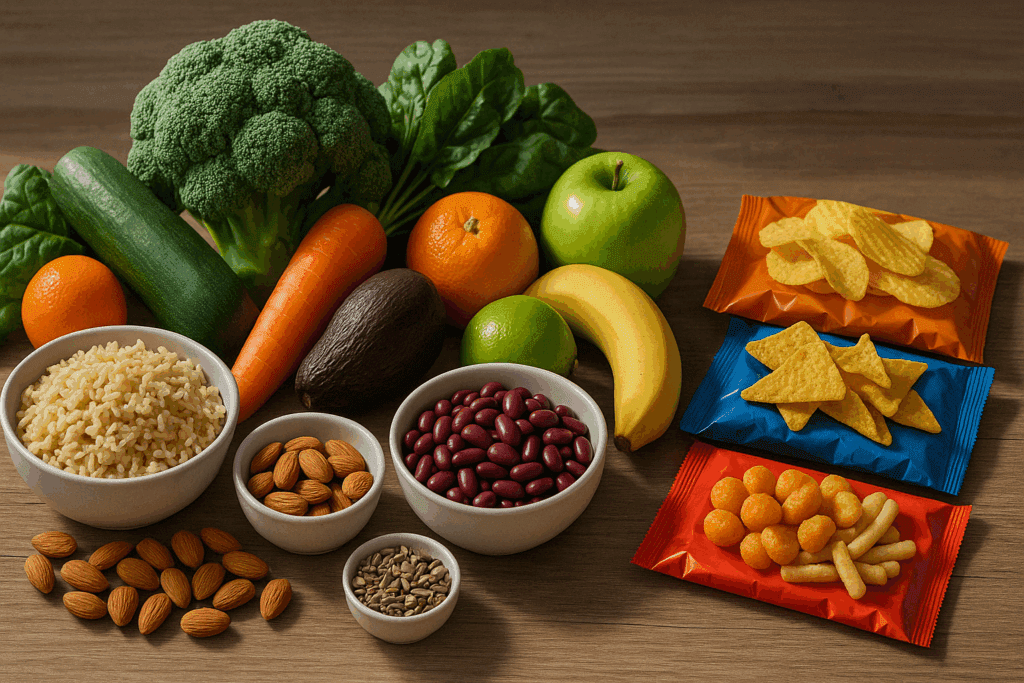 Whole foods like vegetables, legumes, and grains contrasted with processed snacks to highlight a clean eating meal plan