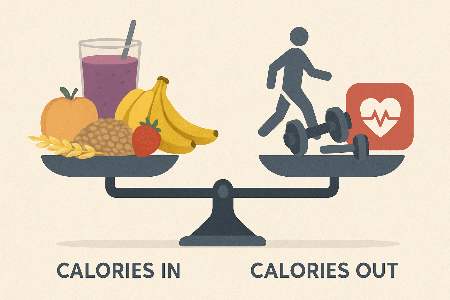 Visual metaphor of calorie balance with food and exercise symbols illustrating cutting back eating for weight management